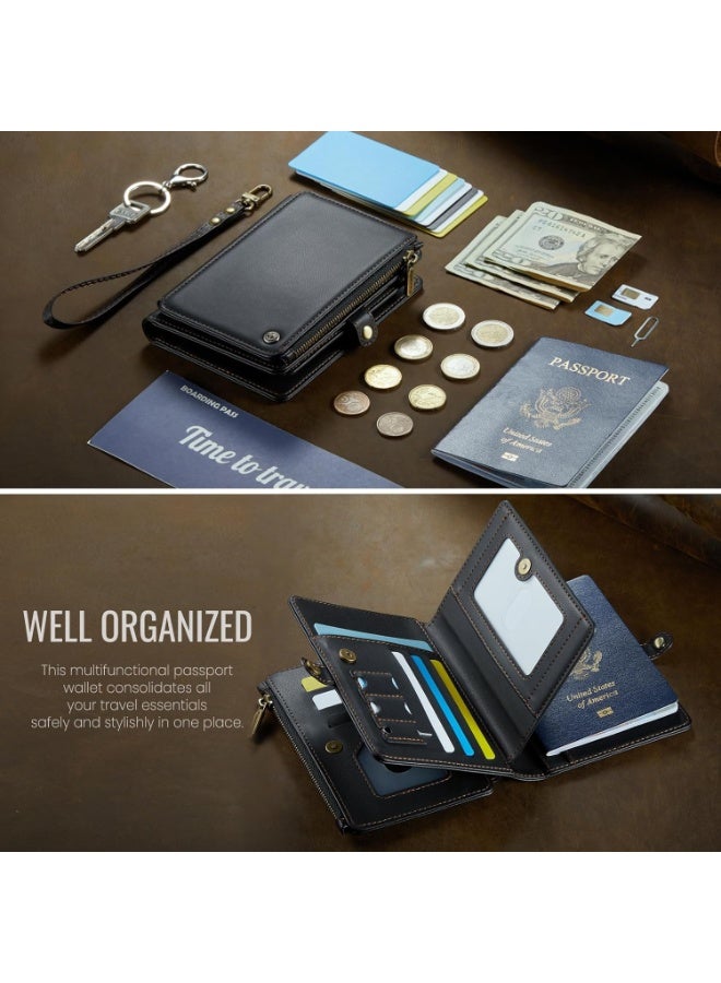 حقيبة محفظة لحامل جواز السفر مع 11 فتحة للبطاقات وفتحة لجواز السفر وفتحة للنقد وفتحة للصور وجيب بسحاب، مع حزام معصم مضاد للـ RFID للسفر - Image 5